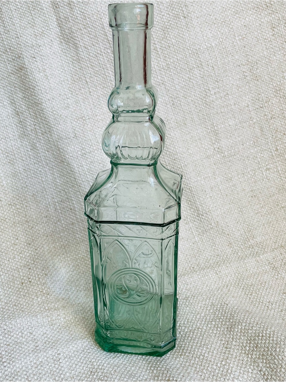 Vintage Etched Green Art Glass Decanter Bottle 11" tall